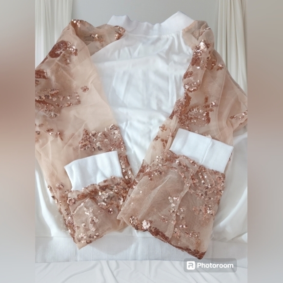 White Cropped Jacket Gold Zipper Mesh Long Sleeves XL - Picture 9 of 13